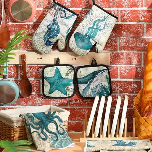 6 Pcs Ocean Beach Kitchen Towel Oven Mitt Pot Holder Set (Ocean)