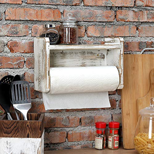 Farmhouse Paper Towel Holder Rack with Top Shelf (Whitewashed)
