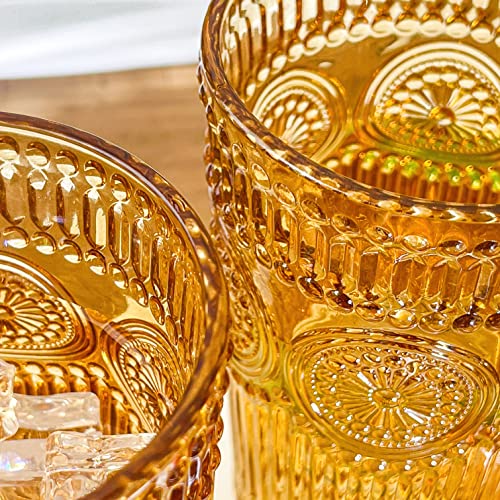 Vintage Textured Amber Striped Drinking Glasses Set of 6 (Amber / 13 Ounces)