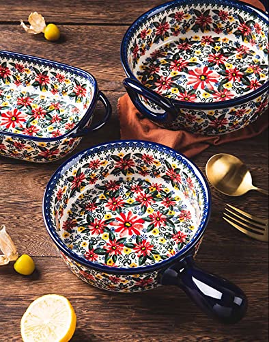 Red Daisy Flower Vintage Style Ceramic Bakeware Casserole Dish Baking Pan Lasagna Pans Baking Dish with Handles for Oven (RedDaisy / 32 OZ)