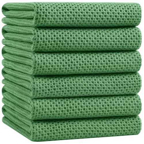 100% Cotton Oversized Waffle Weave Kitchen Towels 6 (Grass Green / 20 X 28 - 6 Pack)