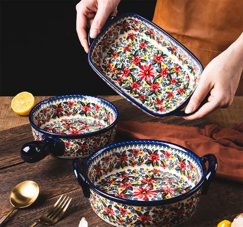 Red Daisy Flower Vintage Style Ceramic Bakeware Casserole Dish Baking Pan Lasagna Pans Baking Dish with Handles for Oven (RedDaisy / 20 OZ)