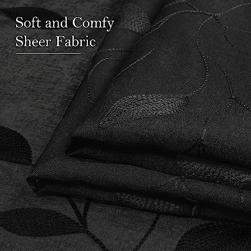 Black Sheer Curtains Leaf Embroidered (52"W x 63"L (Pack of 2) / Black)
