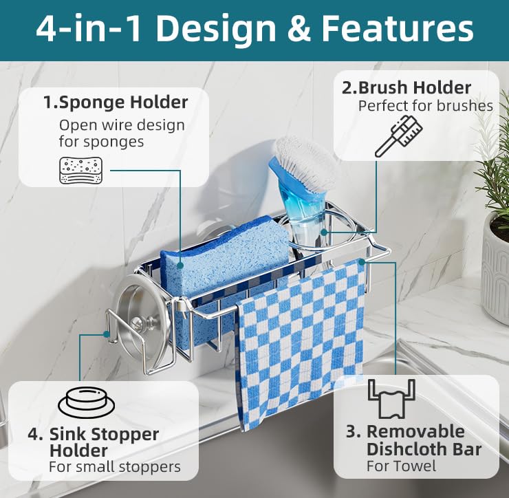 4-in-1 Sink Caddy for Kitchen Sink with Strong Suction Cup-Silver (7.28" x 2.36" / Silver)