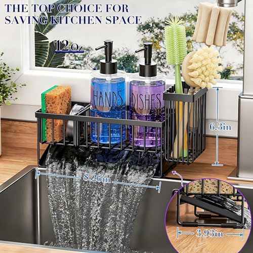 Kitchen Sink Caddy with Dish Soap Dispenser Set (Black+clear)