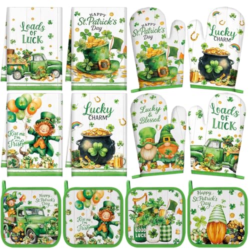 12 Pcs St. Patrick's Day Kitchen Towels Pot Holders and Oven Mitts Set 4 Green Clover Dish Towels 4 Shamrock Leprechaun Coins Oven Mitts 4 Gnomes Potholders for Xmas Dish Baking Decorative (Green Clover)