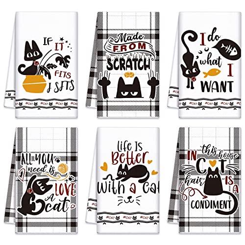 6 Pcs Black Cat Theme Kitchen Towels Funny Dish Towel (Black Cat)