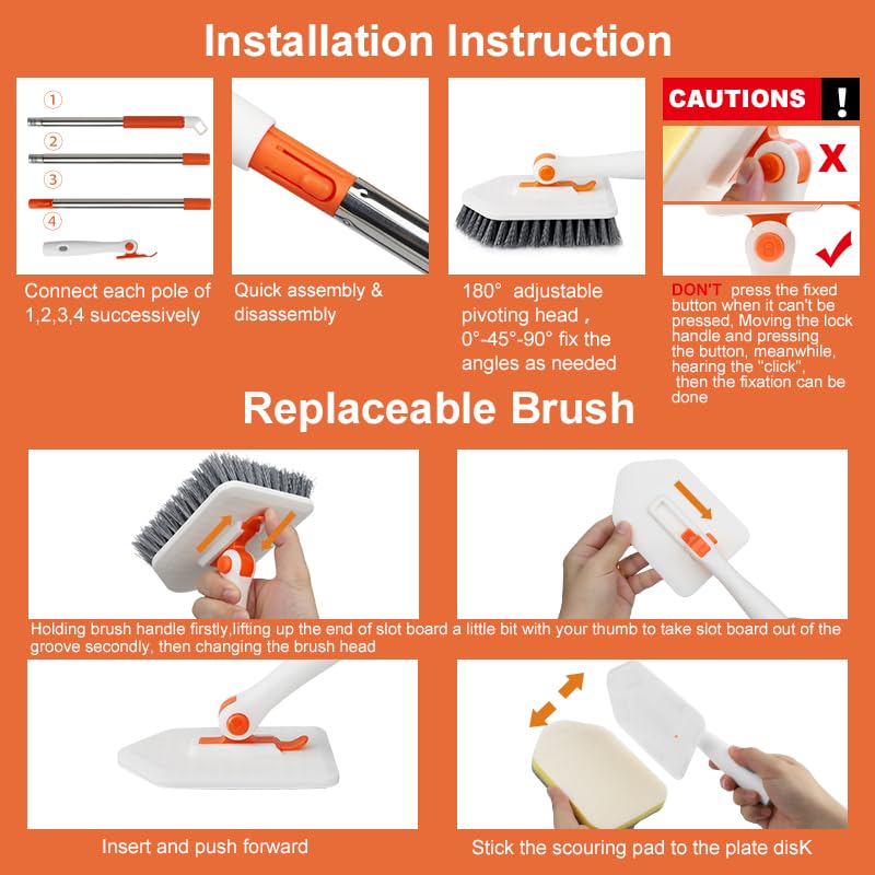 Long Handled Scrub Brush for Shower (Orange)