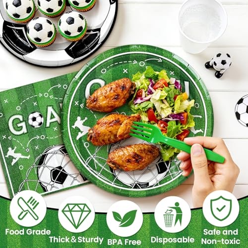 100 Pcs Soccer Paper Plates and Napkins Disposable for Party (Green Soccer 100 Plate Set / 7 & 9-inch Set)