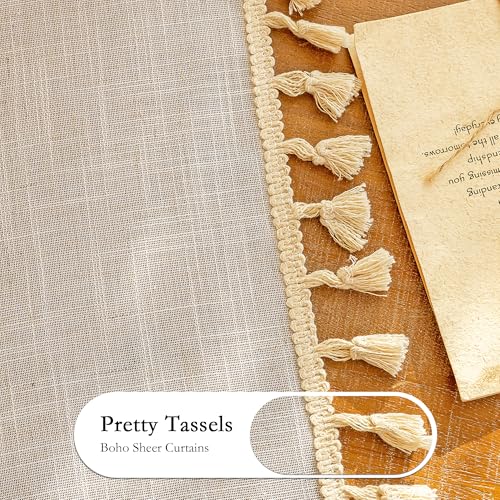 Natural Boho Sheer Curtains with Macrame 63 Inches Length for Short Window Treatment
