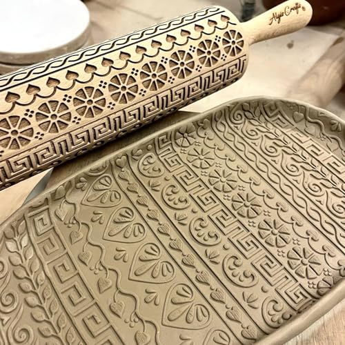 GREEK Embossing Rolling Pin. Laser Engraved Dough Roller with Cgreek Pattern for Embossed Cookies or Pottery by Algis Crafts