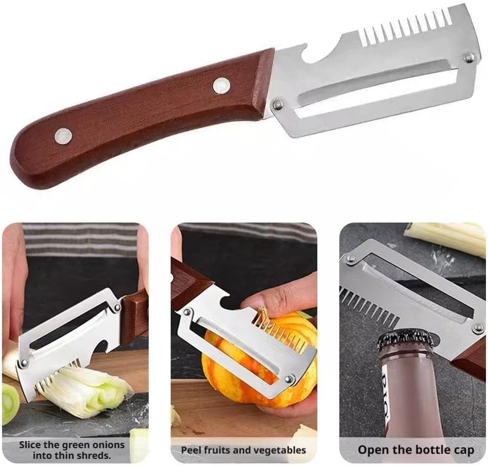 2PCS 3-in-1 Multifunctional Vegetable Peeler, Multifunctional Stainless Steel Peeler, Wooden Peeler, with Bottle Opener & Green Onion Comb Teeth, Kitchen Peeling Tool ﻿