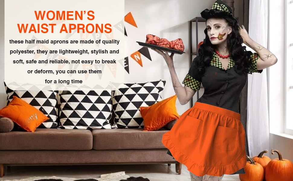 Women’s Waist Aprons with White Pockets Half Server Home Waitress Vintage Servant Apron for Kitchen Cooking (Orange)
