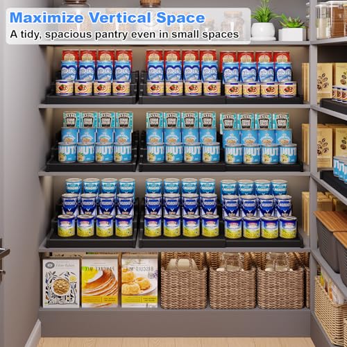 3 Tier Expandable Bamboo Can Organizer for Pantry (12.4"-24"W × 10.8"D × 4.5"H / Black)