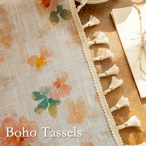 Floral Boho Linen Curtains 63 inch Length 2 Panels Set Spring Vintage Farmhouse Orange Patterned Window Drapes with Tassels Semi Sheer Light Filtering Back Tab for Girls Bedroom (Orange / 50"W x 63"L (Pack of 2))