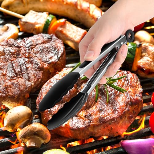 2 Pack Black Premium Stainless Steel Heat Resistant Kitchen Tongs for cooking (9''+12'' / Black)