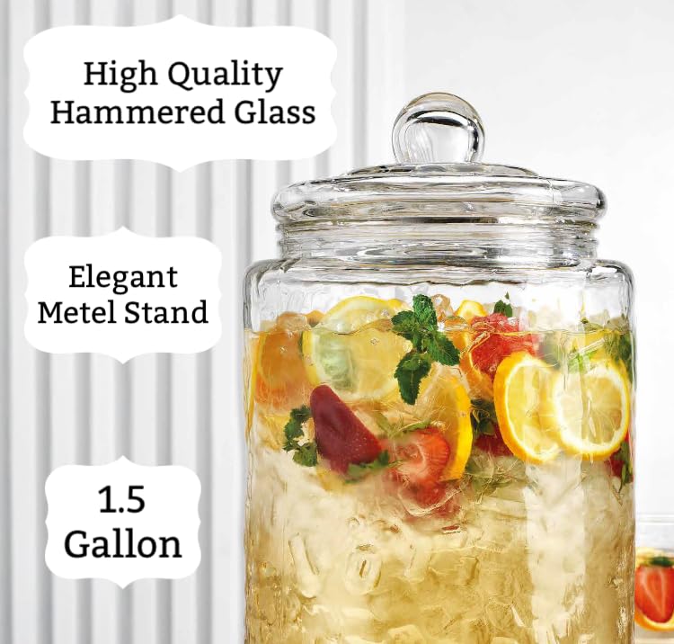 3 Gallon Classic Hammered Glass Ice Cold Beverage Drink Dispenser (Clear-3 Gallon)