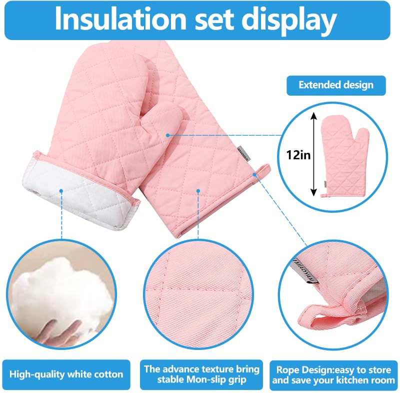 Oven Mitts and Pot Holders 4 pcs Set (Cotton-pink)