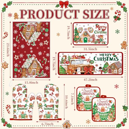 10 Pcs Christmas Gingerbread Man Kitchen Decor and Accessories Set Kitchen Towels Pot Holders Oven Mitts and Rugs for Baking Cooking BBQ Mom Housewarming Gifts (White,green,red / Cute Gingerbread Man)