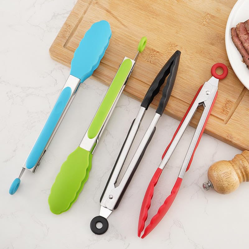 Stainless Steel Kitchen Tongs Set with Silicone Tips (3 Pack Green)