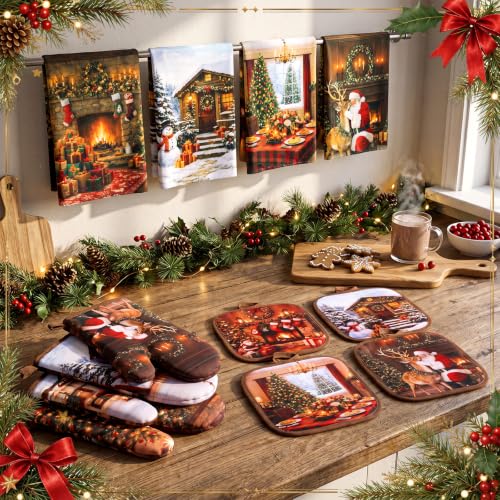 12 Pcs Christmas Oven Mitts Pot Holders Kitchen Towels Sets (Christmas Fireplace)