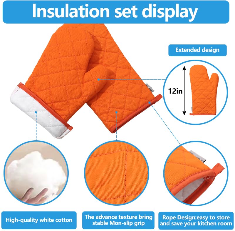 Oven Mitts and Pot Holders 4 pcs Set (Cotton-orange)