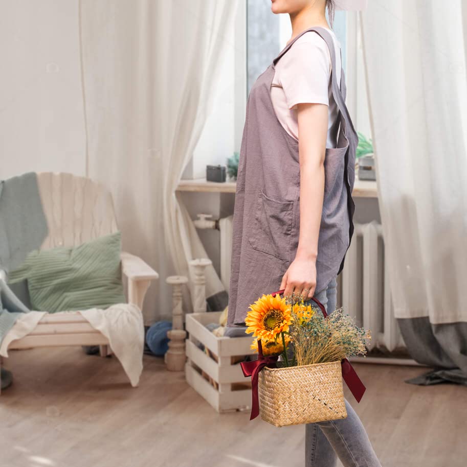 Japanese Apron for Women with 2 Roomy Pockets Linen Cross Back Aprons Cute Pinafore Dress For Kitchen Cooking Baking Work Gardening Painting Crafting Grey (Grey)