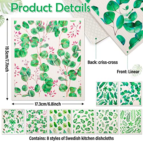8 Pack Swedish Dish Cloths Washable (8 Pack-green Plants)