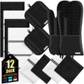 Oven Mitts Kitchen Towels and Dishcloths with Pot Holders Sets (Black)