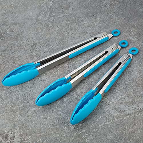 3 Pack Silicone Kitchen Tongs (Blue)