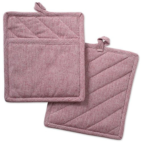 100% Cotton Solid Chambray Kitchen Set (Barn Red / Potholders)