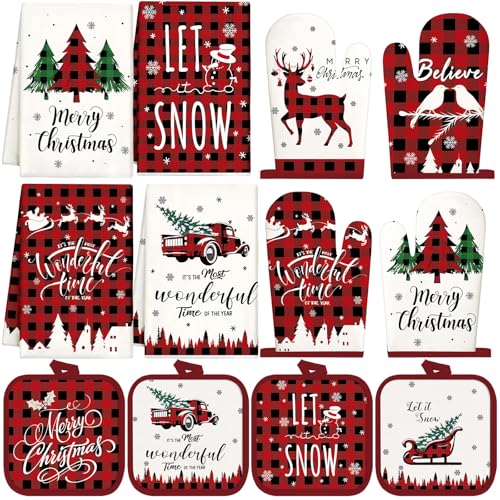 12 Pcs Christmas Kitchen Accessories Set Buffalo Plaid Style (Brief Christmas)