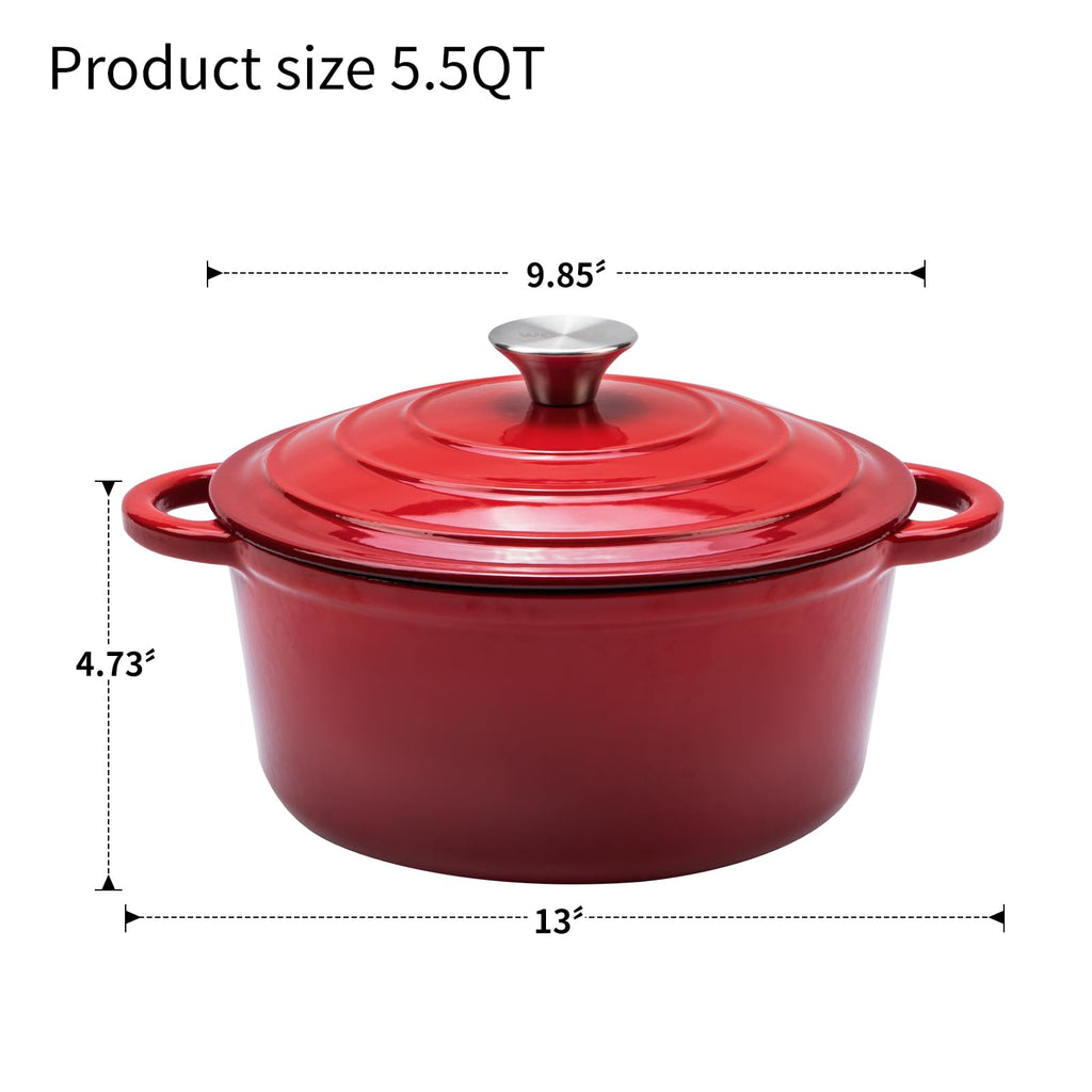 5.5 QT Enameled Cast Iron Round Dutch Oven With Lid (RED / 5.5Qt)