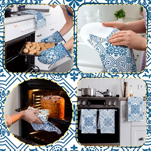 6 Pcs Kitchen Decor Set Accessory Farmhouse Kitchen Towels Pot Holders Oven Mitts Set 2 Dish Towels 2 Pot Holders 2 Cooking Mittens Oven Glove for Cooking (Blue,white / Chinoiserie Printed)