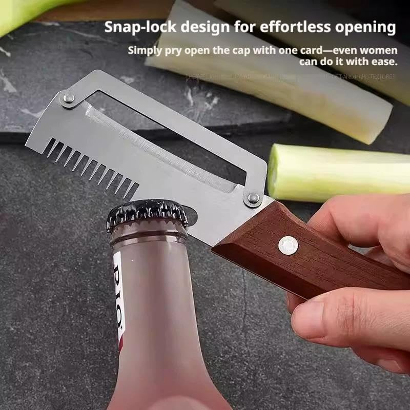 2PCS 3-in-1 Multifunctional Vegetable Peeler, Multifunctional Stainless Steel Peeler, Wooden Peeler, with Bottle Opener & Green Onion Comb Teeth, Kitchen Peeling Tool ﻿