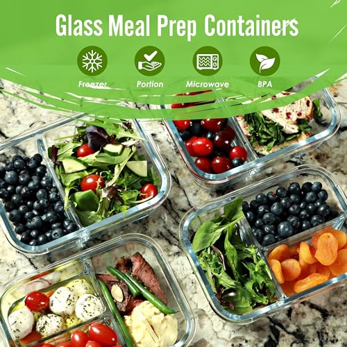 Glass Meal Prep Containers 2 & 3 Compartment (Gray (2,3 compartment - 4 pack, 32 oz))