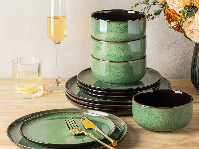 Ceramic Dinnerware Sets for 4 (Modern-Green / Service for 4 (16pcs))