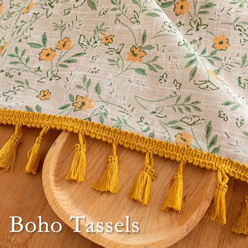 Floral Boho Linen Curtains 63 Inch Long 2 Panels Set with Yellow Tassels Farmhouse Semi Sheer Bohemian Living Room Bedroom Window Curtains Rustic Country Back Tab (Yellow and Green / 50"W x 63"L (Pack of 2))