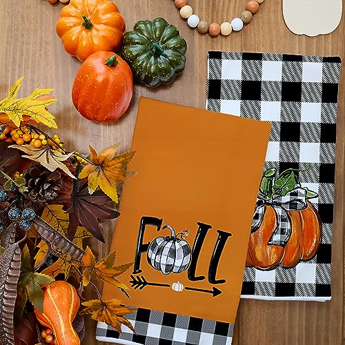 Pumpkin Fall Kitchen Towels Set of 2 for Decor Buffalo Plaid Check (Black)