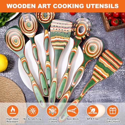 7Pcs Pakkawood Kitchen Utensils Set for Cooking (Green Spoon-7pcs)