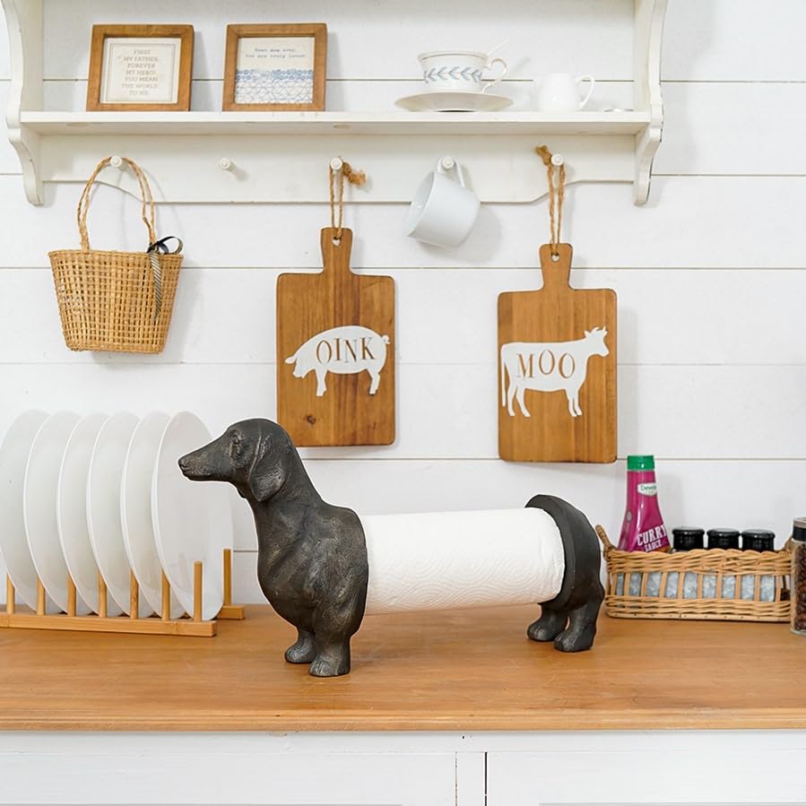 Vintage Dachshund Dog Paper Towel Holder Black Wiener Dog Tissue Towel Display Stand Freestanding Animal Toilet Paper Holder for Kitchen Countertop Home Decor