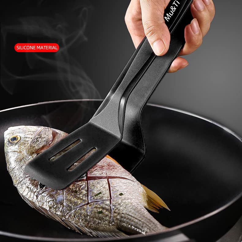 Silicone Kitchen Tongs Spatula Tongs for Cooking 11 Inch Barbecue Clamp Spatula for Gripper Bread Clip Fried Steak Clamp Flipping Fish Beefsteak (1 Pack Black (big))