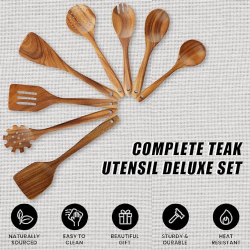 Wooden Spoons for Cooking (Cooking Utensil Set with Holder - 10 Piece)