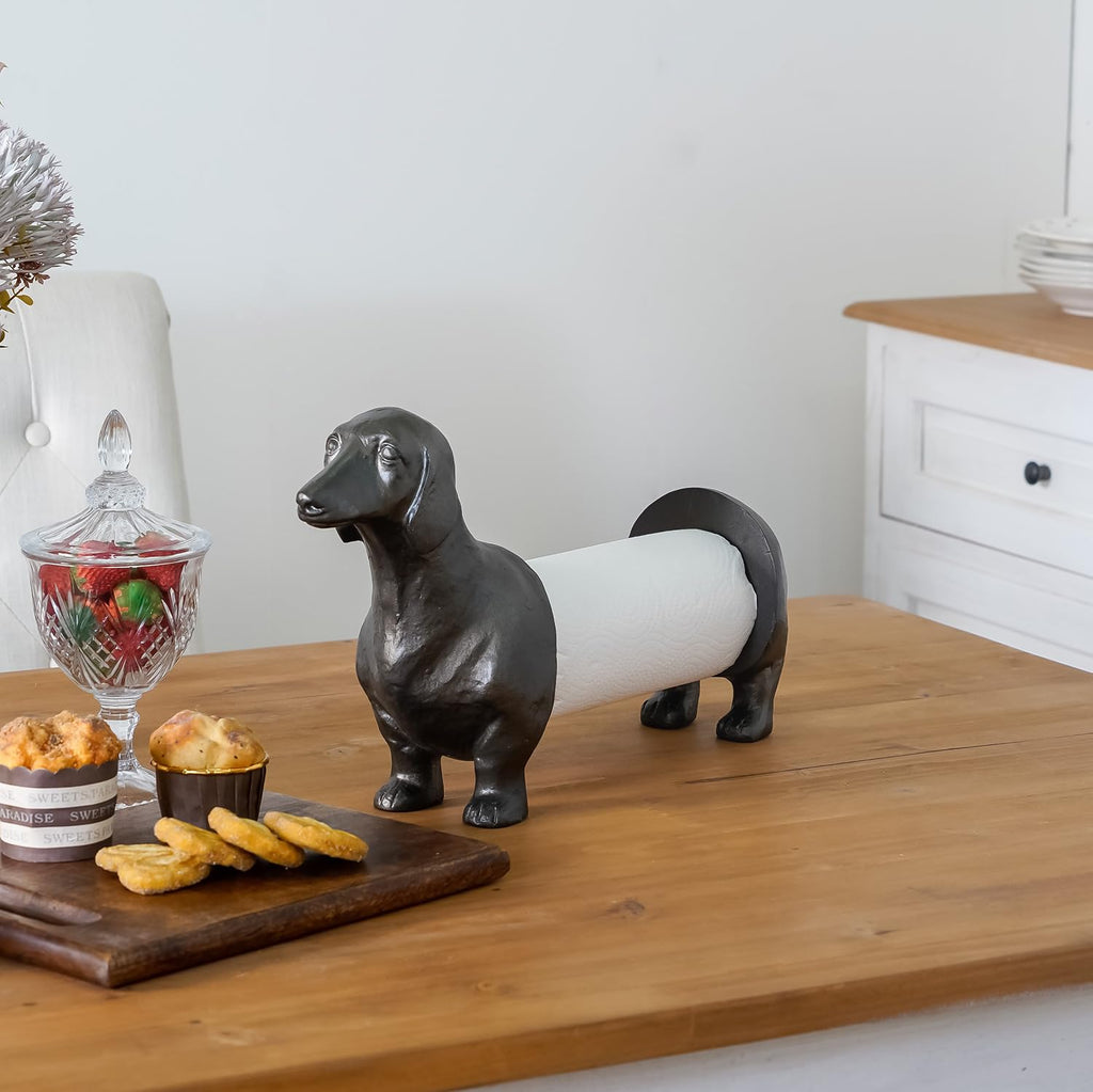 Vintage Dachshund Dog Paper Towel Holder Black Wiener Dog Tissue Towel Display Stand Freestanding Animal Toilet Paper Holder for Kitchen Countertop Home Decor