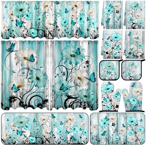 13 Pcs Farmhouse Teal Daisy Kitchen Decor Set 3 Turquoise Kitchen Curtains Valance 2 Rugs and Mats 4 Hand Towels 2 Pot Holders 2 Oven Mitts for Home Decor Cooking Grilling Housewarming Gift (Teal Daisy)