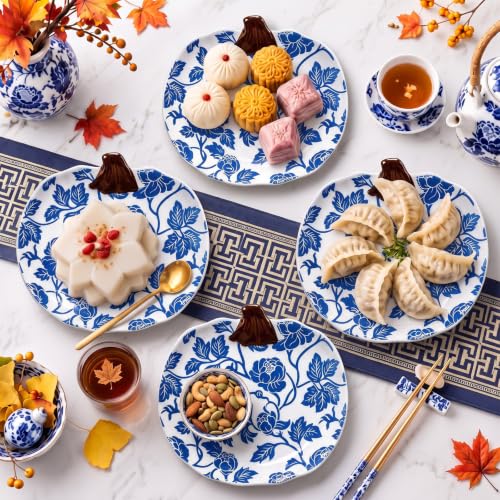 4 Pcs Chinoiserie Blue and White Fall Pumpkin Ceramic Plate 8.6" Decor (Blue Floral)