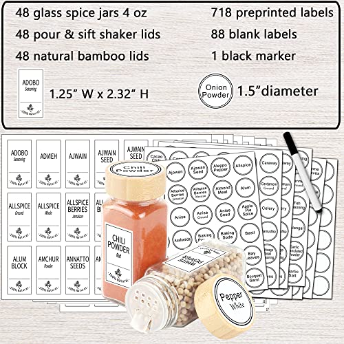 48 Pcs 4 oz Glass Spice Jars with 806 Spice Labels (Bamboo Lids)