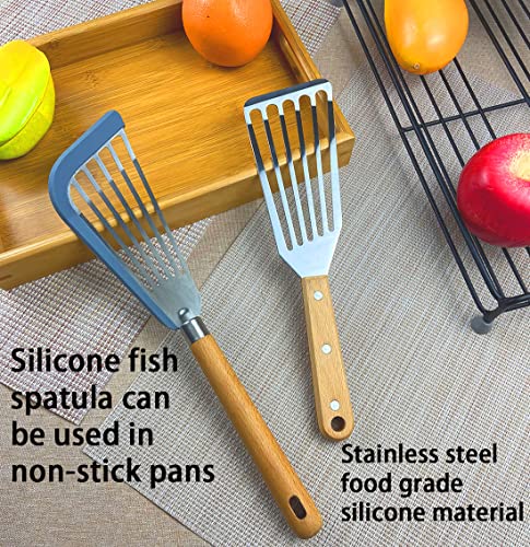 Fish Spatula Set for Nonstick Cookware Flexible Metal Fish Spatula Stainless Steel Small Fish Slotted Spatula Turner with Wood Handle (White, Wood)