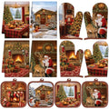 12 Pcs Christmas Oven Mitts Pot Holders Kitchen Towels Sets (Christmas Fireplace)