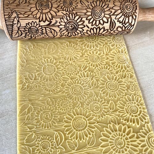 SUNFLOWER FIELD Embossed Rolling Pin for Ceramic. Clay Roller and Ceramic Stamp for Embossing Pottery. Baking Gifts for Women by Algis Crafts for Embossed Cookies